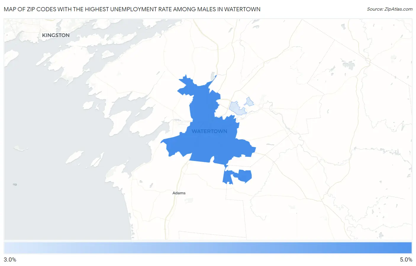 Zip Codes with the Highest Unemployment Rate Among Males in Watertown Map