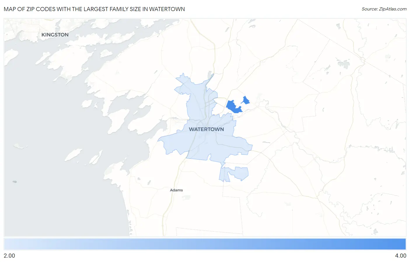 Zip Codes with the Largest Family Size in Watertown Map