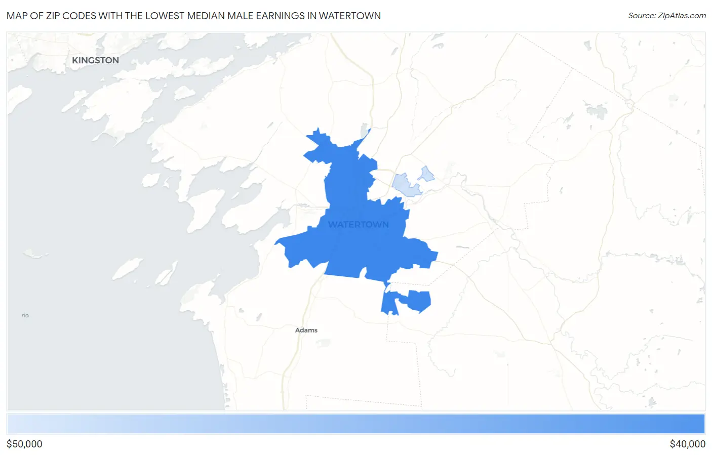 Zip Codes with the Lowest Median Male Earnings in Watertown Map