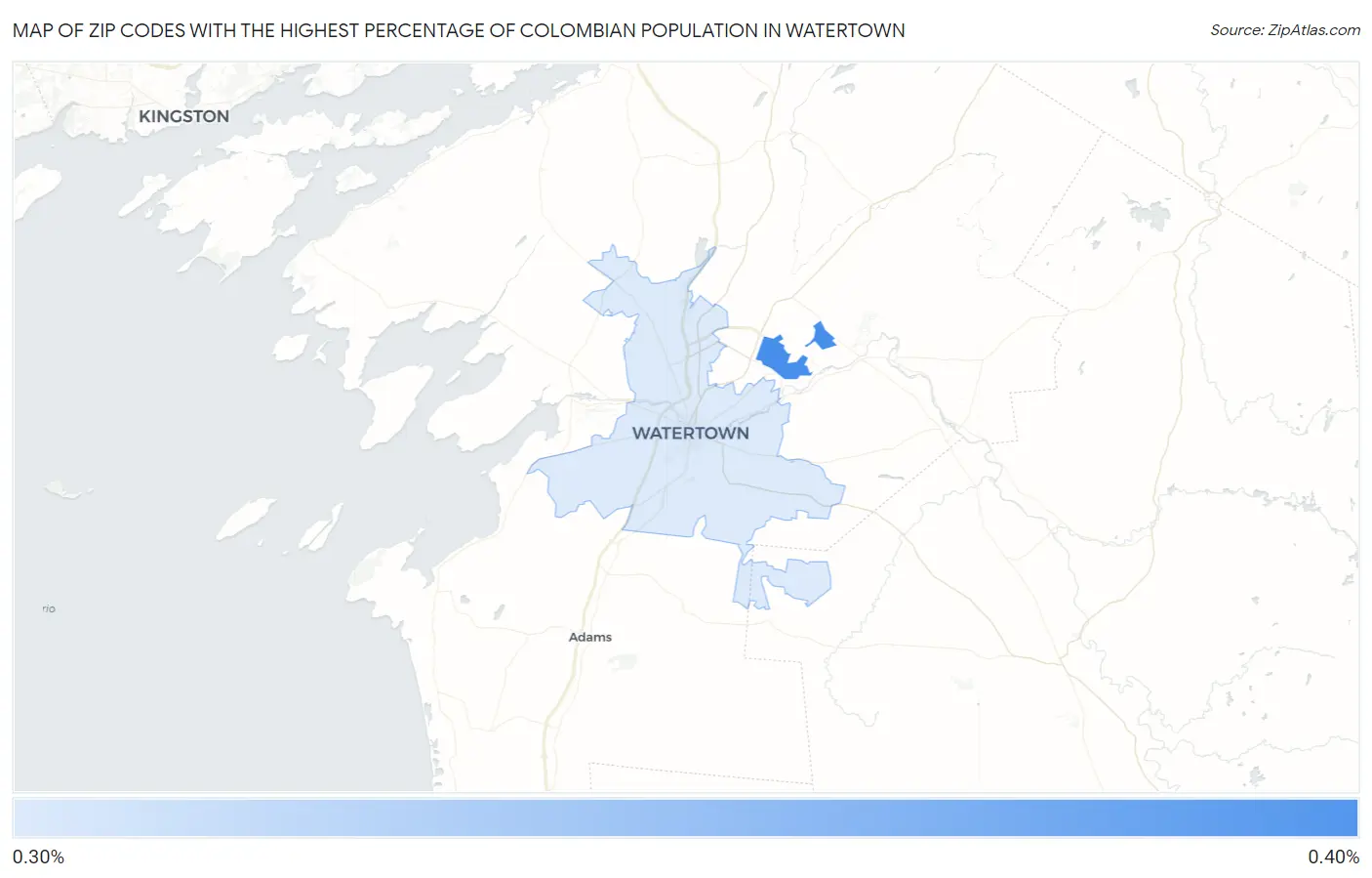 Zip Codes with the Highest Percentage of Colombian Population in Watertown Map