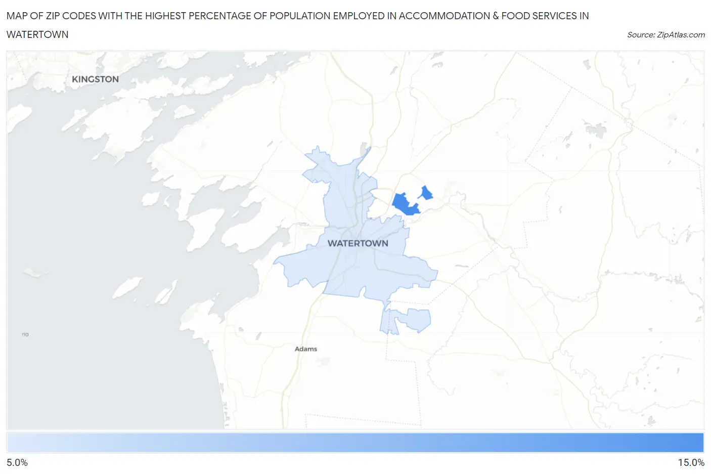 Zip Codes with the Highest Percentage of Population Employed in Accommodation & Food Services in Watertown Map