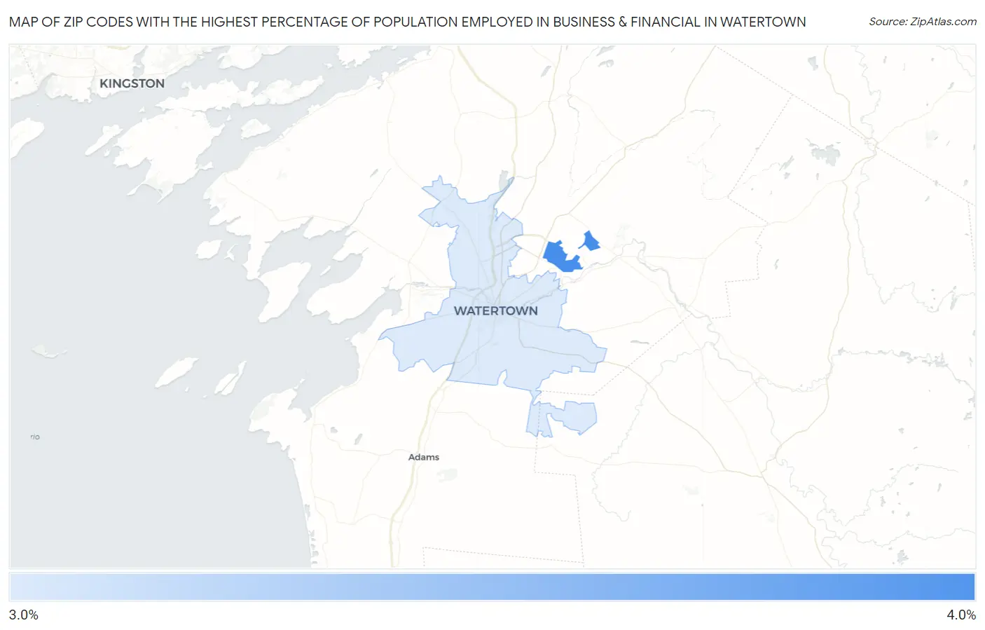 Zip Codes with the Highest Percentage of Population Employed in Business & Financial in Watertown Map