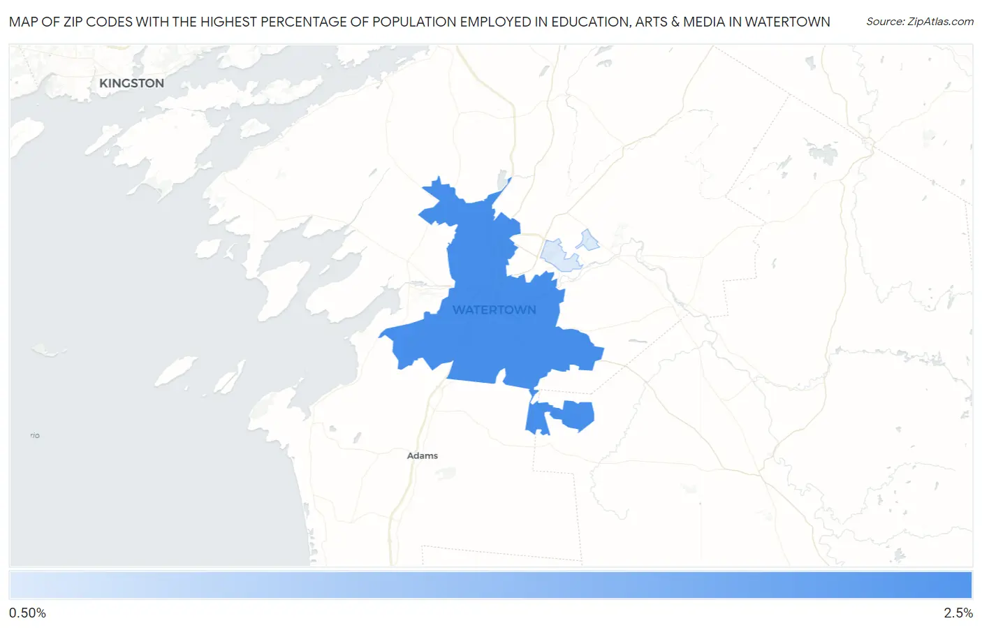 Zip Codes with the Highest Percentage of Population Employed in Education, Arts & Media in Watertown Map