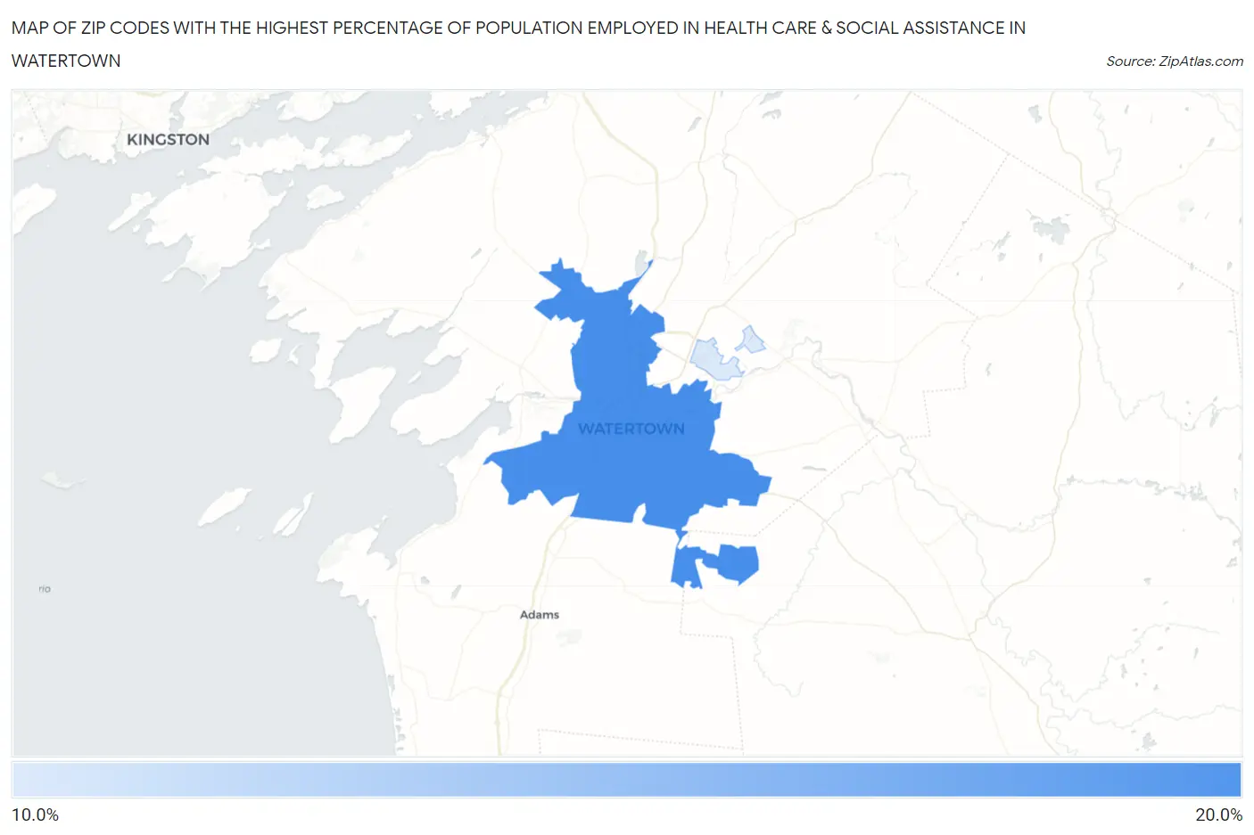 Zip Codes with the Highest Percentage of Population Employed in Health Care & Social Assistance in Watertown Map