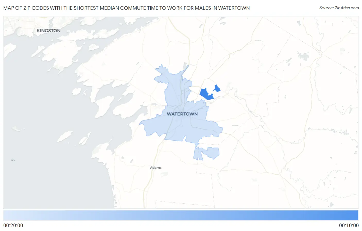 Zip Codes with the Shortest Median Commute Time to Work for Males in Watertown Map