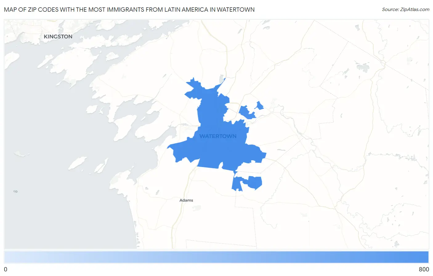 Zip Codes with the Most Immigrants from Latin America in Watertown Map