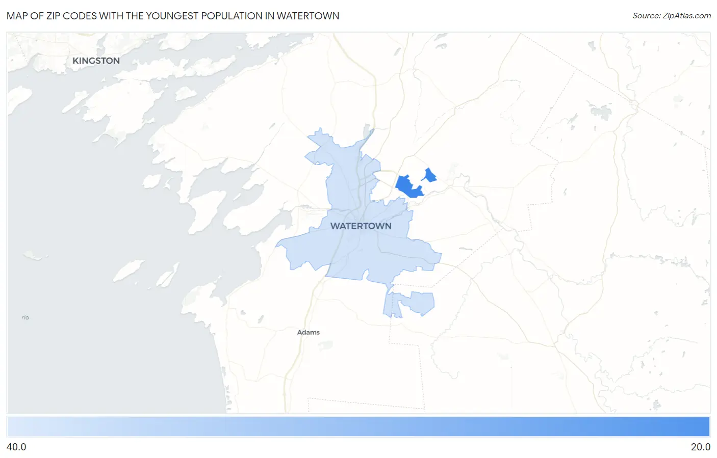 Zip Codes with the Youngest Population in Watertown Map