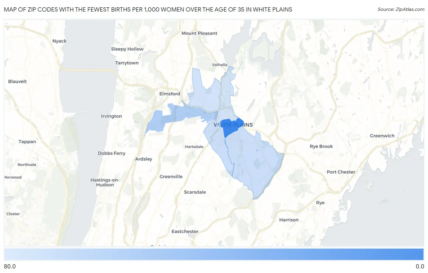 Zip Codes with the Fewest Births per 1,000 Women Over the Age of 35 in White Plains Map