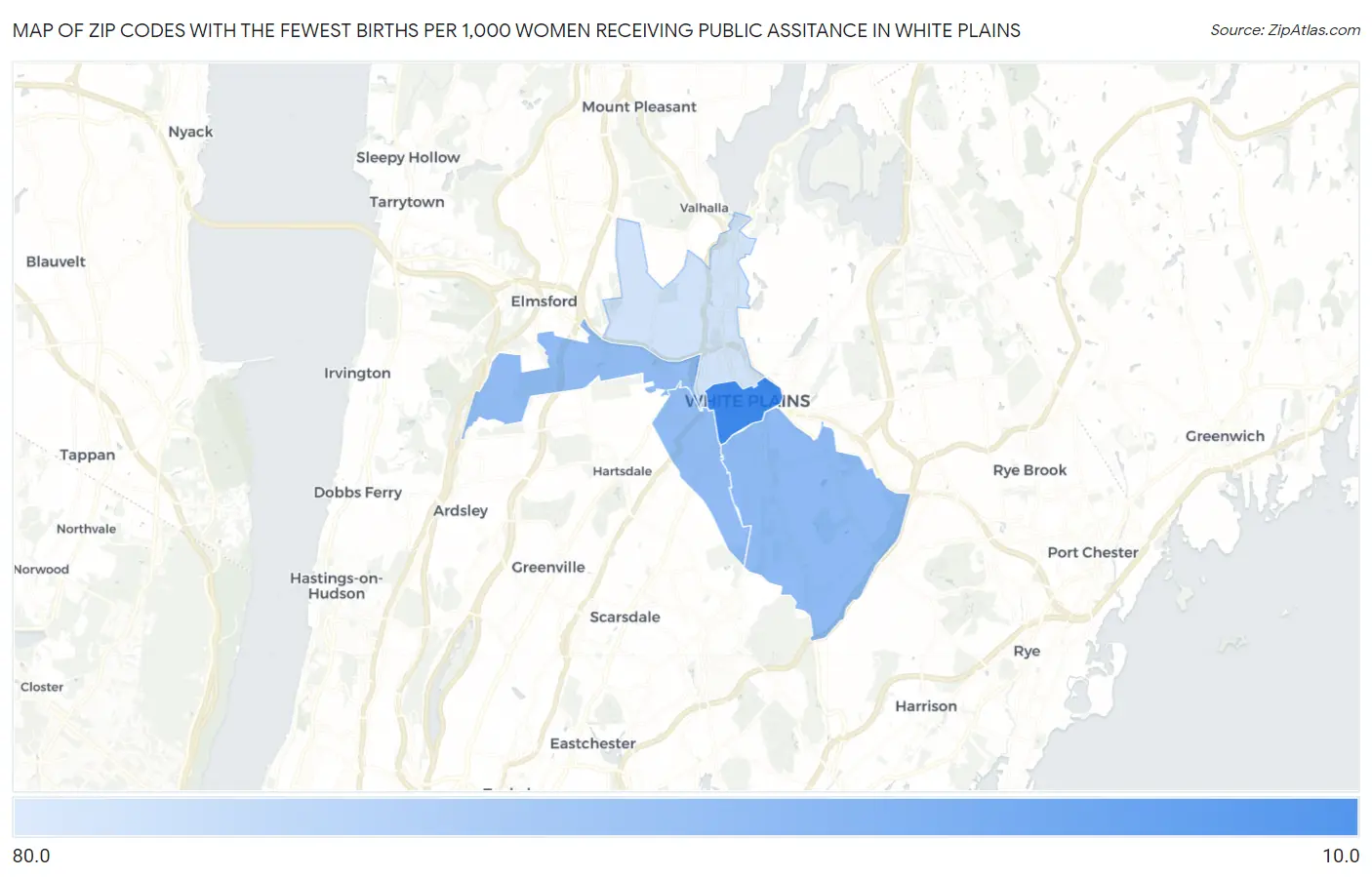Zip Codes with the Fewest Births per 1,000 Women Receiving Public Assitance in White Plains Map