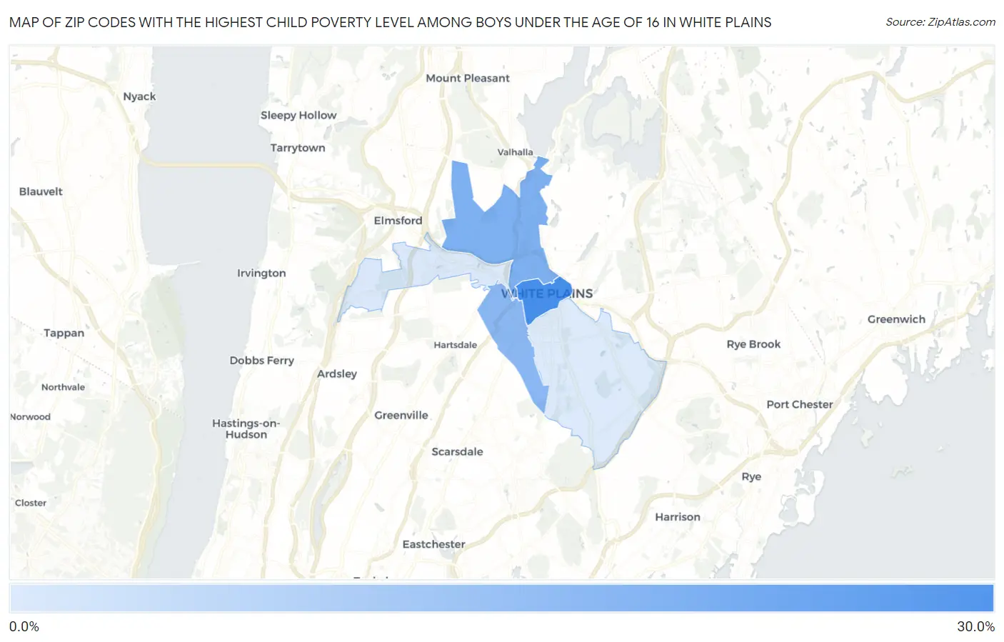 Zip Codes with the Highest Child Poverty Level Among Boys Under the Age of 16 in White Plains Map