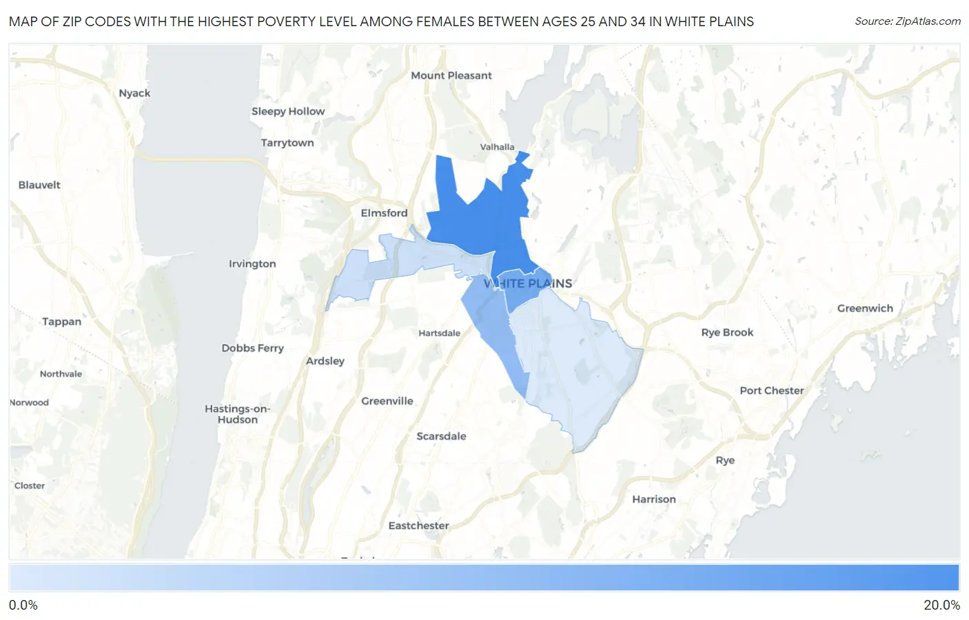 Zip Codes with the Highest Poverty Level Among Females Between Ages 25 and 34 in White Plains Map