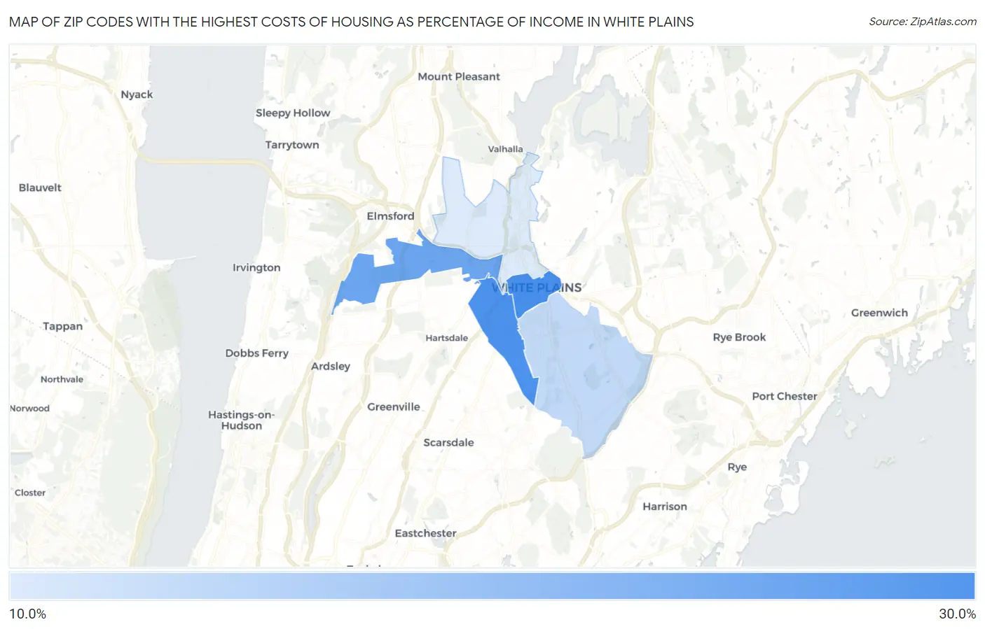 Zip Codes with the Highest Costs of Housing as Percentage of Income in White Plains Map