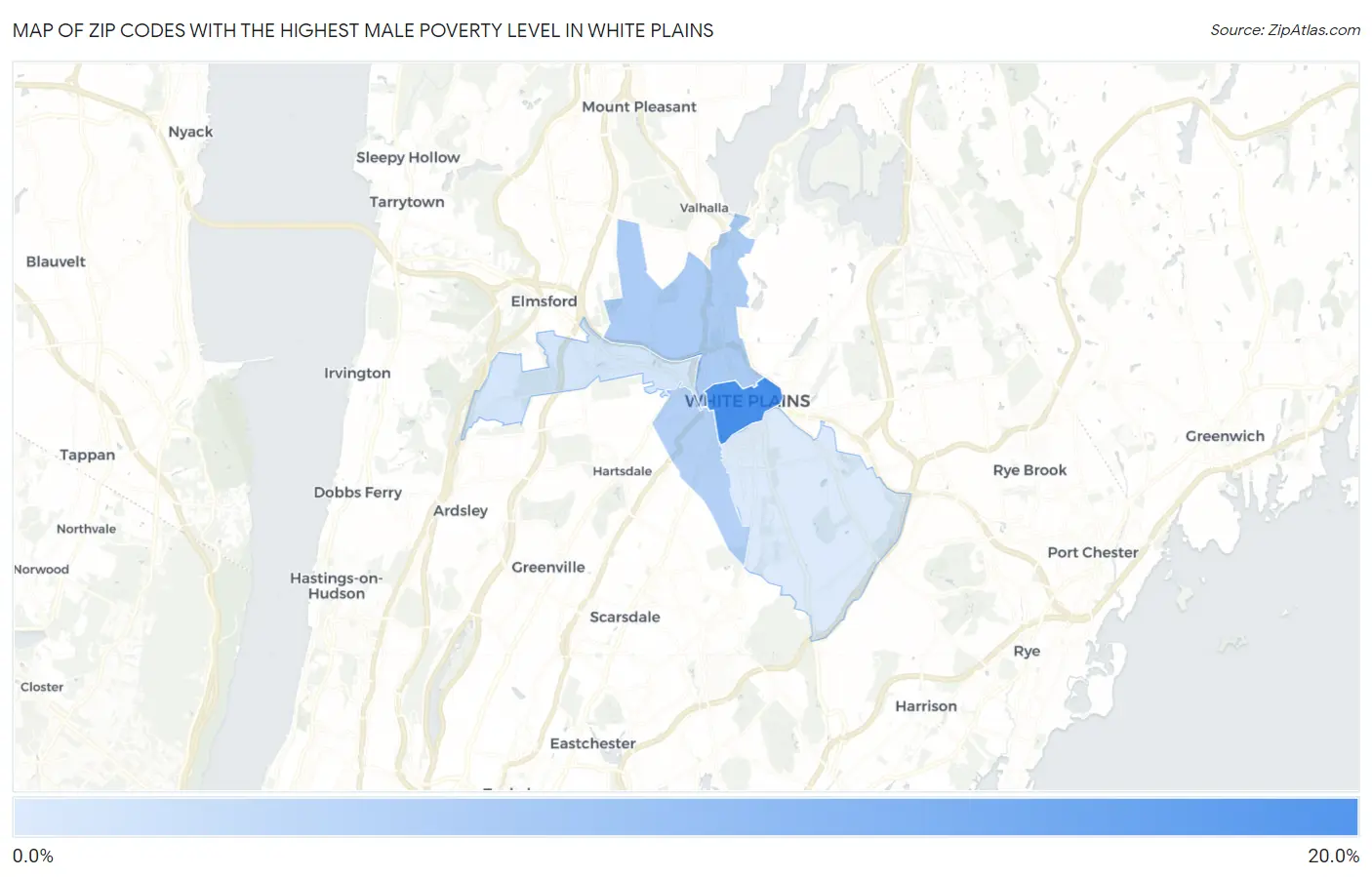 Zip Codes with the Highest Male Poverty Level in White Plains Map