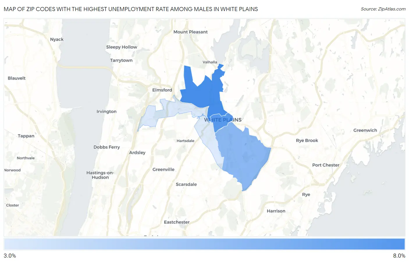 Zip Codes with the Highest Unemployment Rate Among Males in White Plains Map