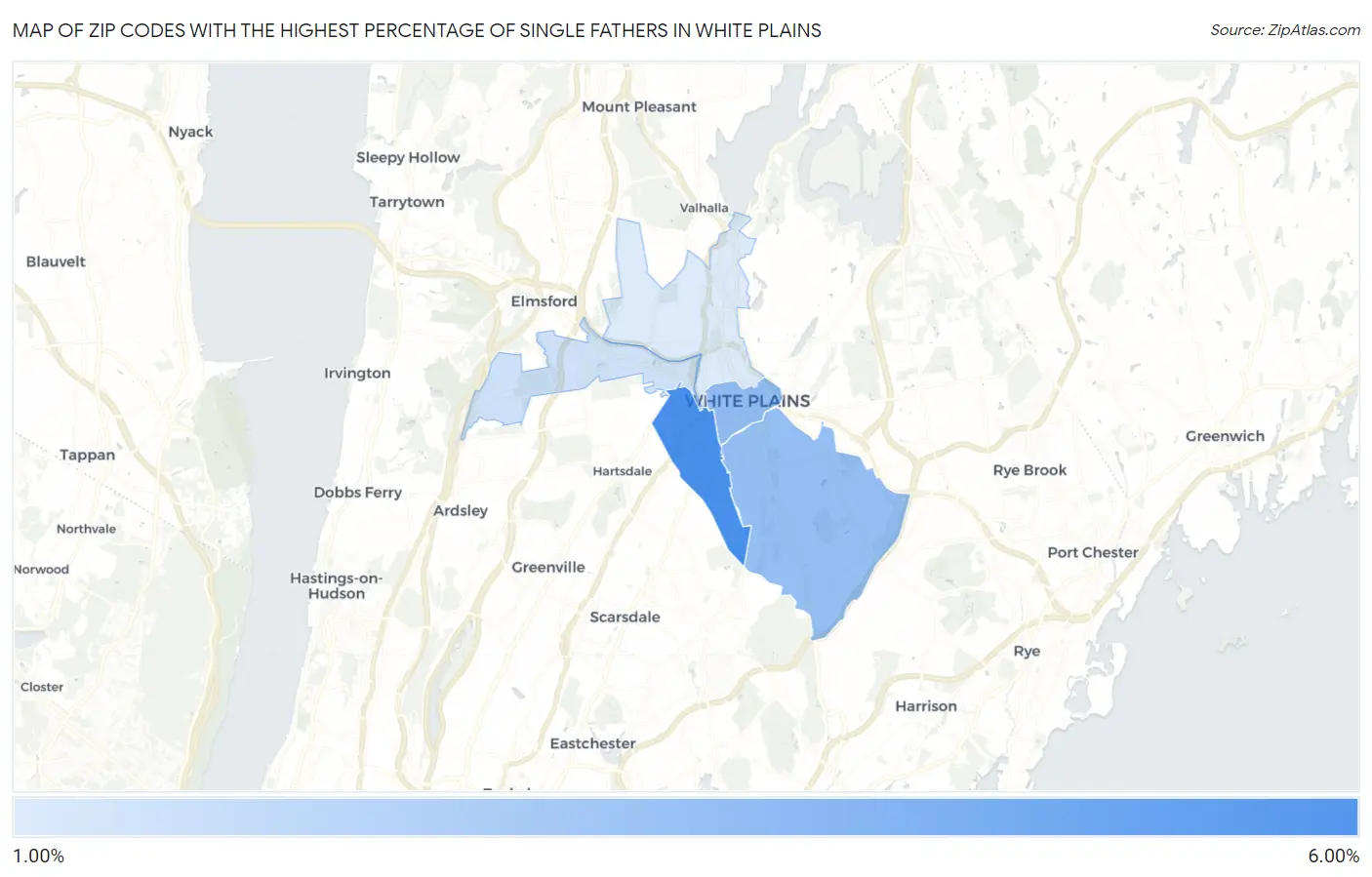 Zip Codes with the Highest Percentage of Single Fathers in White Plains Map