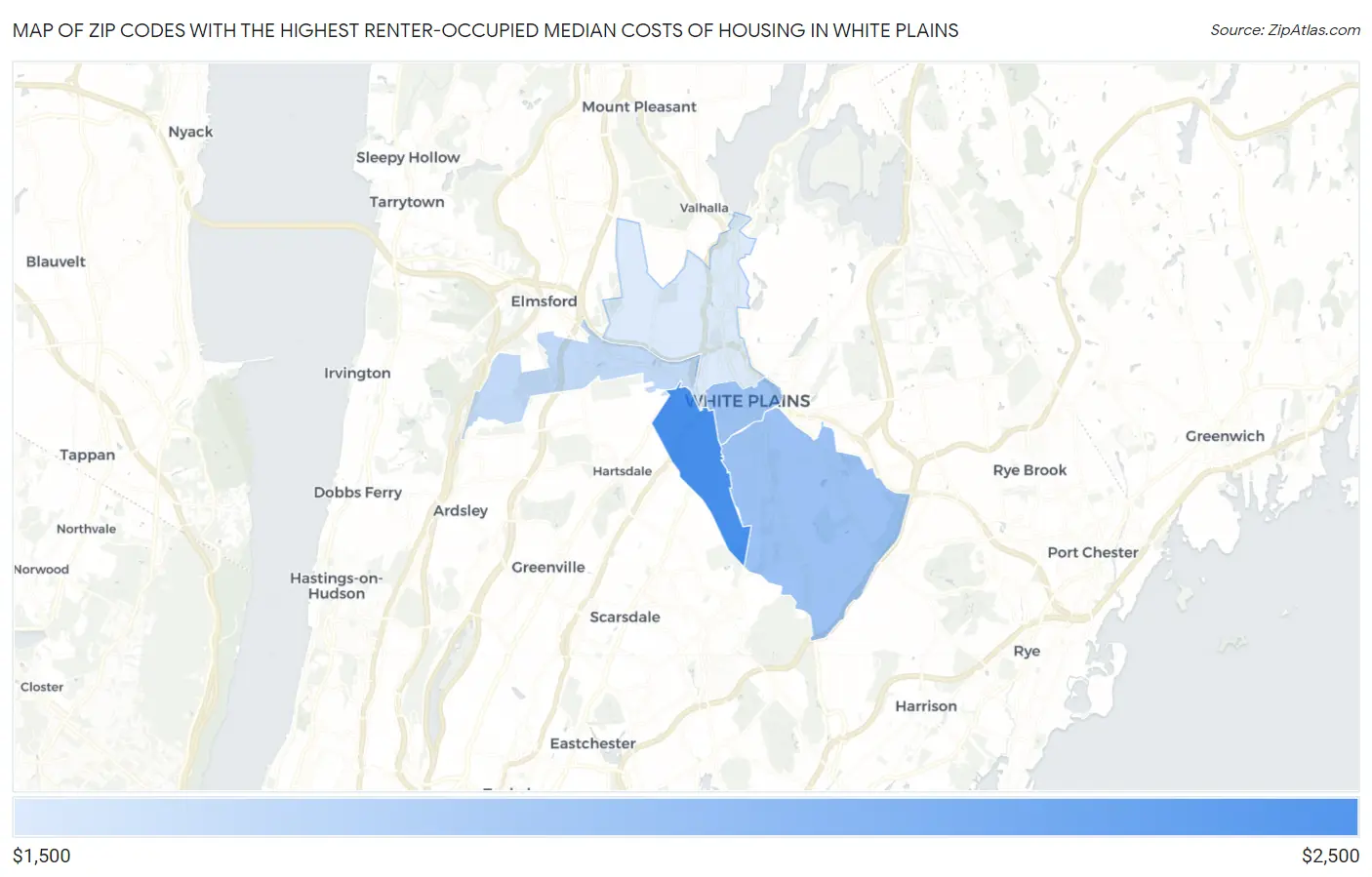 Zip Codes with the Highest Renter-Occupied Median Costs of Housing in White Plains Map