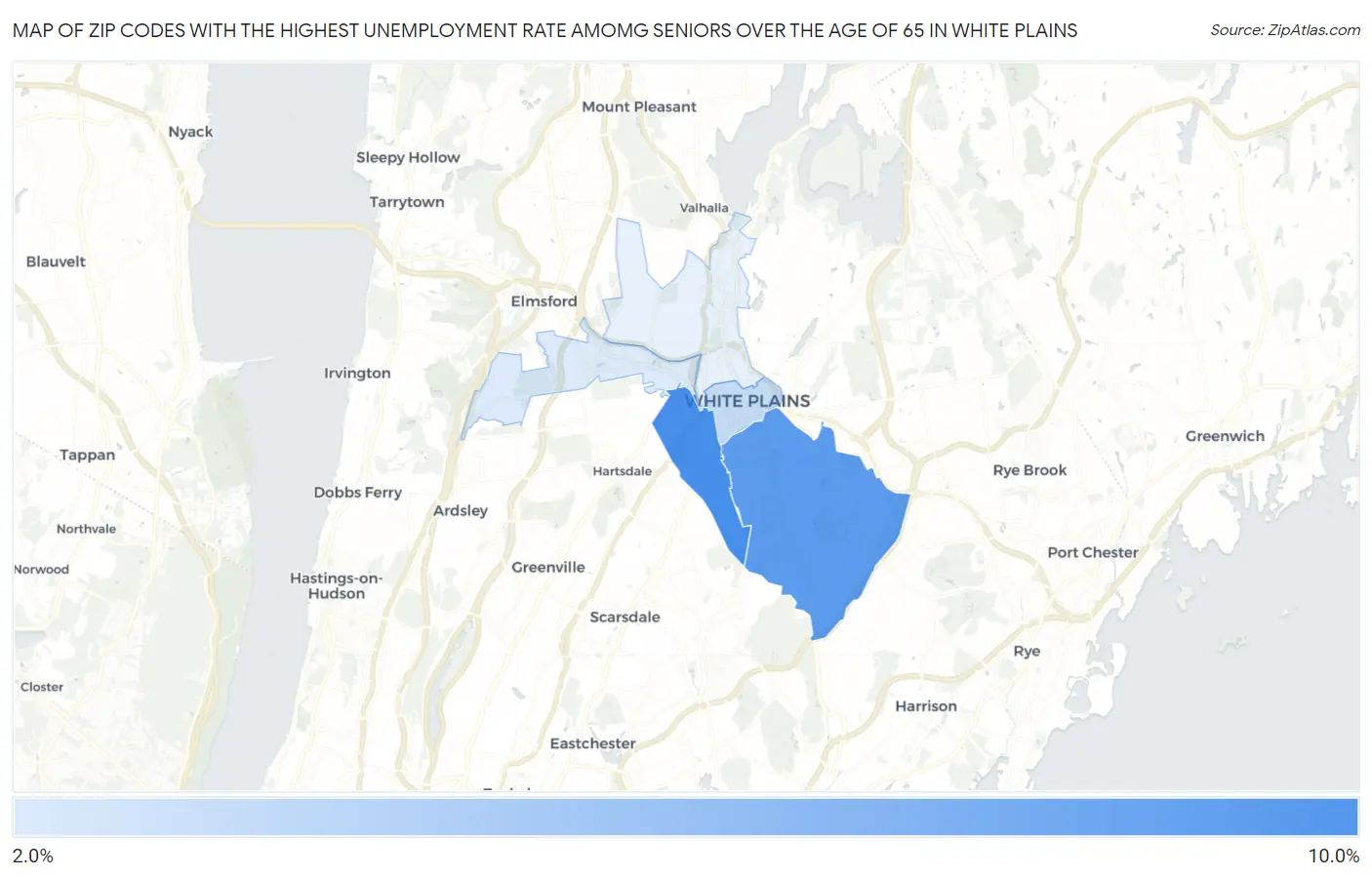Zip Codes with the Highest Unemployment Rate Amomg Seniors Over the Age of 65 in White Plains Map