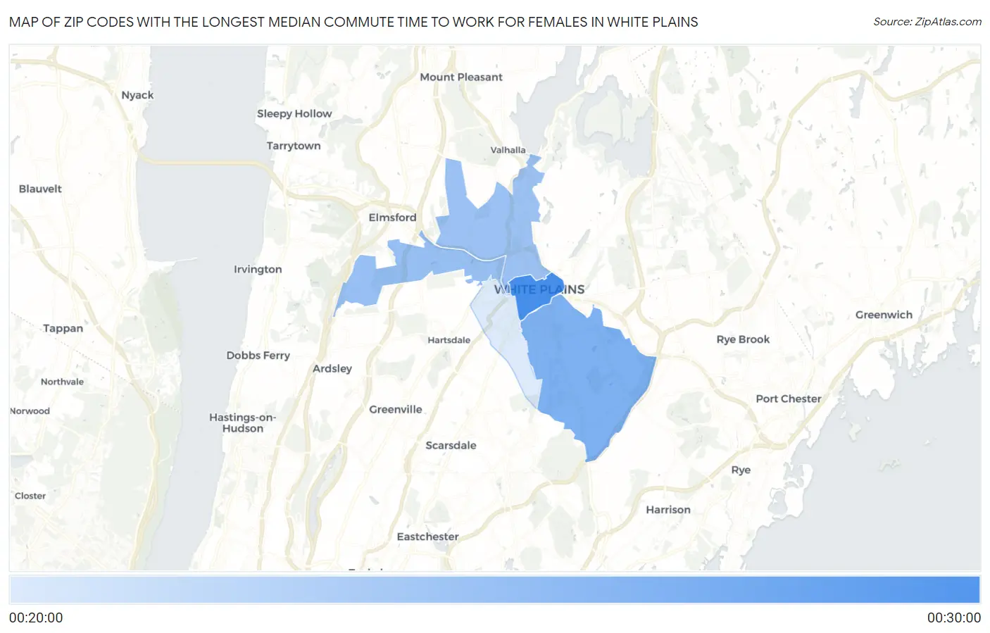 Zip Codes with the Longest Median Commute Time to Work for Females in White Plains Map