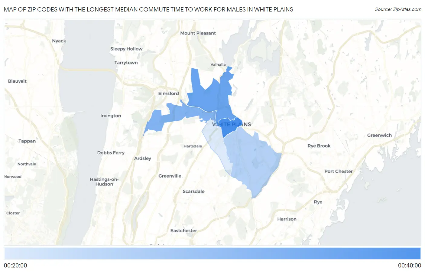 Zip Codes with the Longest Median Commute Time to Work for Males in White Plains Map