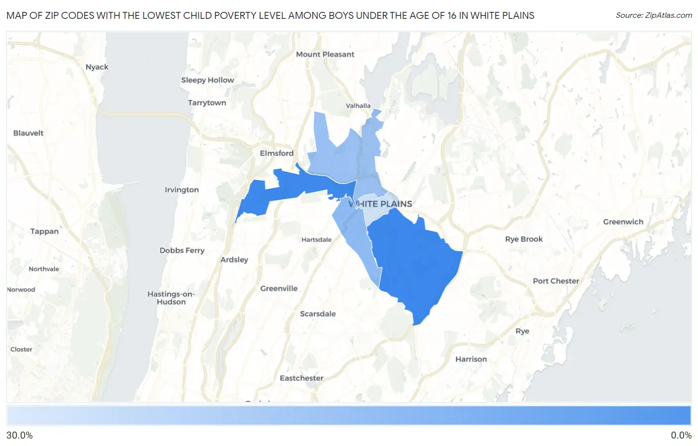 Zip Codes with the Lowest Child Poverty Level Among Boys Under the Age of 16 in White Plains Map