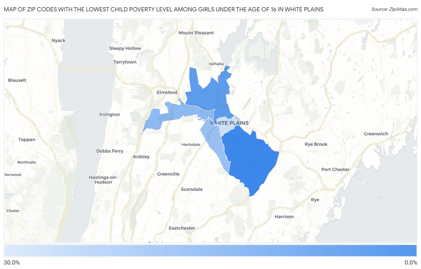 Zip Codes with the Lowest Child Poverty Level Among Girls Under the Age of 16 in White Plains Map