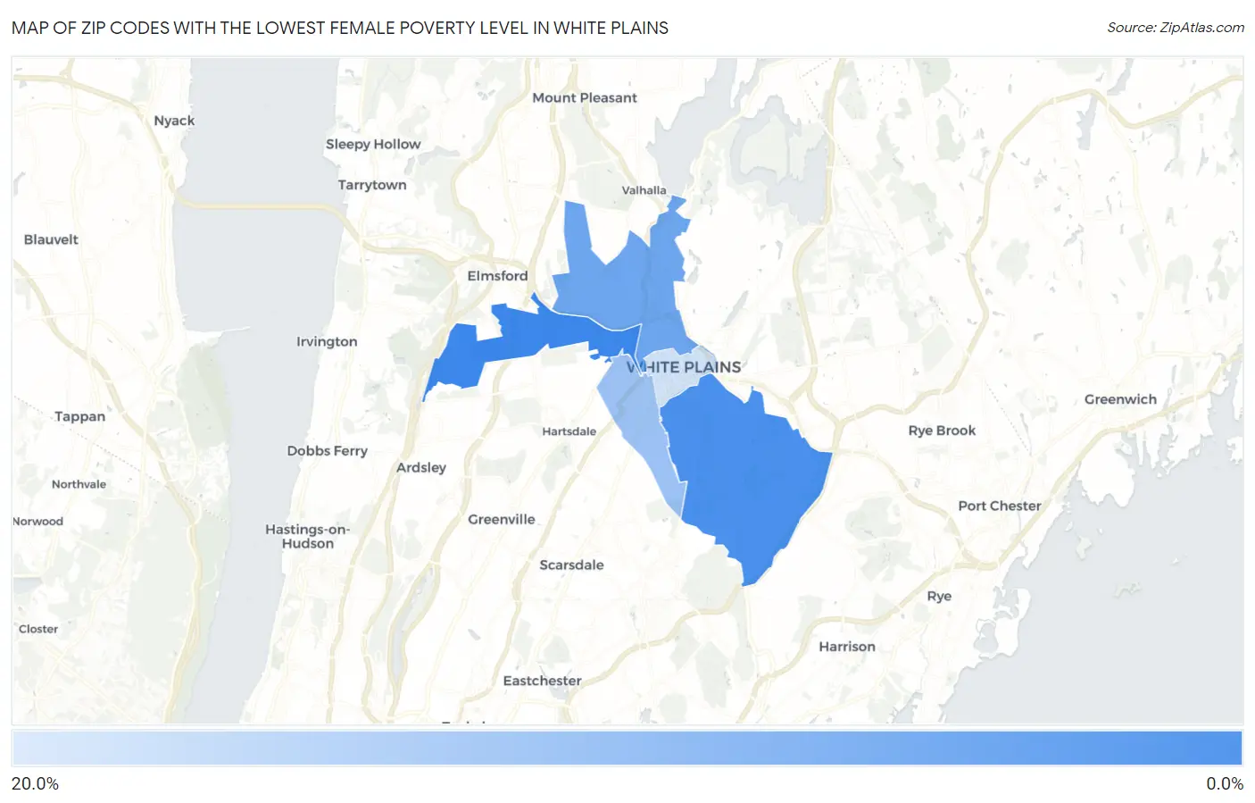 Zip Codes with the Lowest Female Poverty Level in White Plains Map