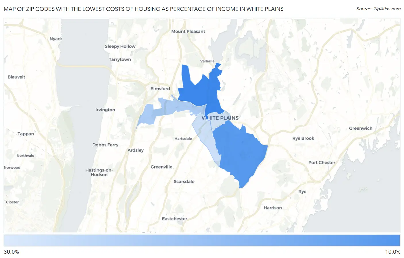 Zip Codes with the Lowest Costs of Housing as Percentage of Income in White Plains Map