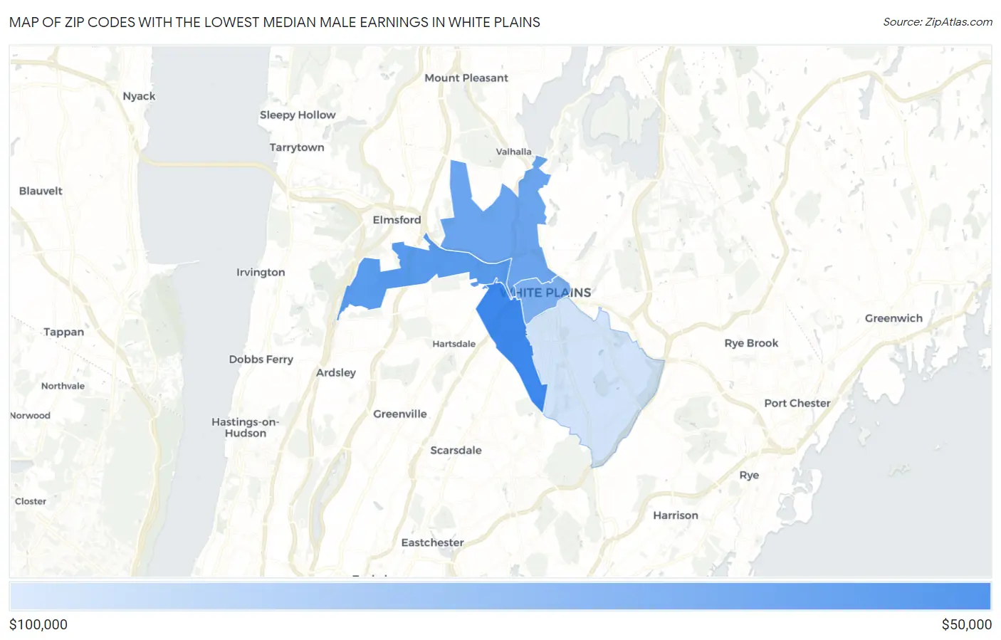 Zip Codes with the Lowest Median Male Earnings in White Plains Map