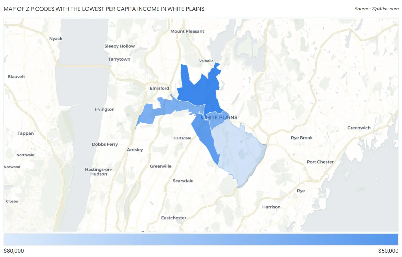 Zip Codes with the Lowest Per Capita Income in White Plains Map