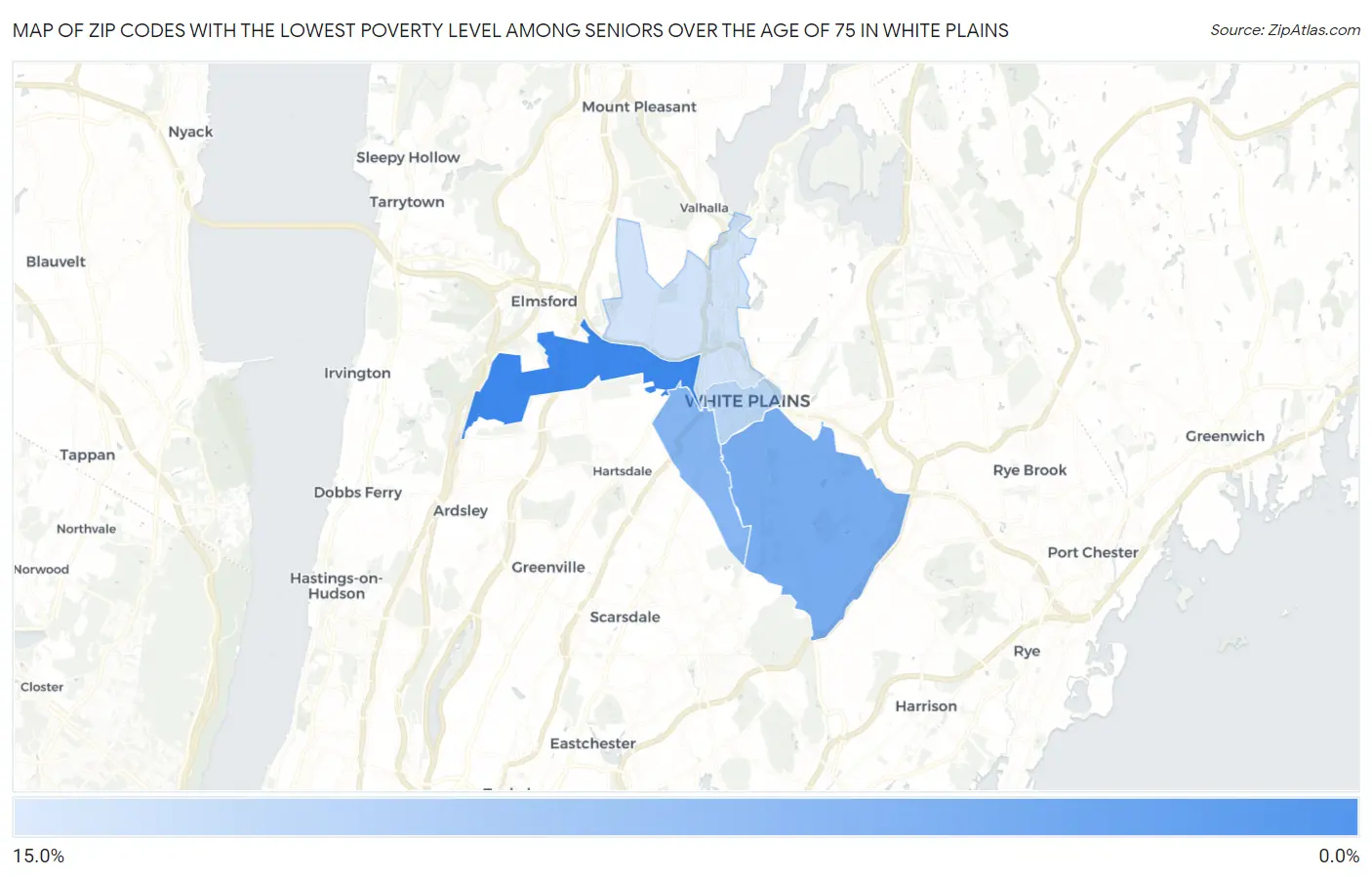 Zip Codes with the Lowest Poverty Level Among Seniors Over the Age of 75 in White Plains Map