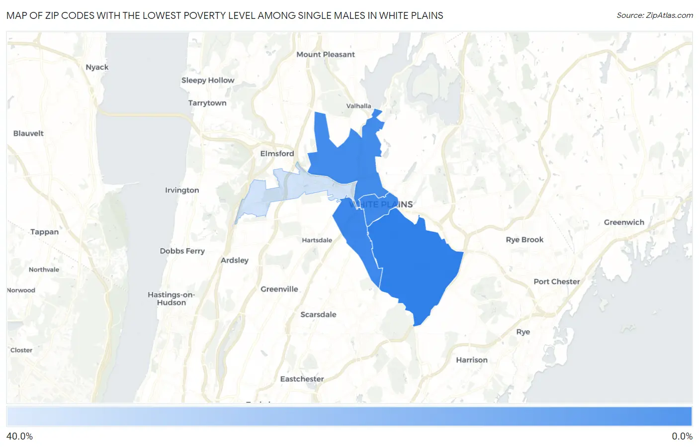Zip Codes with the Lowest Poverty Level Among Single Males in White Plains Map