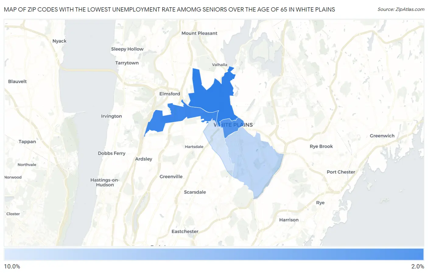 Zip Codes with the Lowest Unemployment Rate Amomg Seniors Over the Age of 65 in White Plains Map