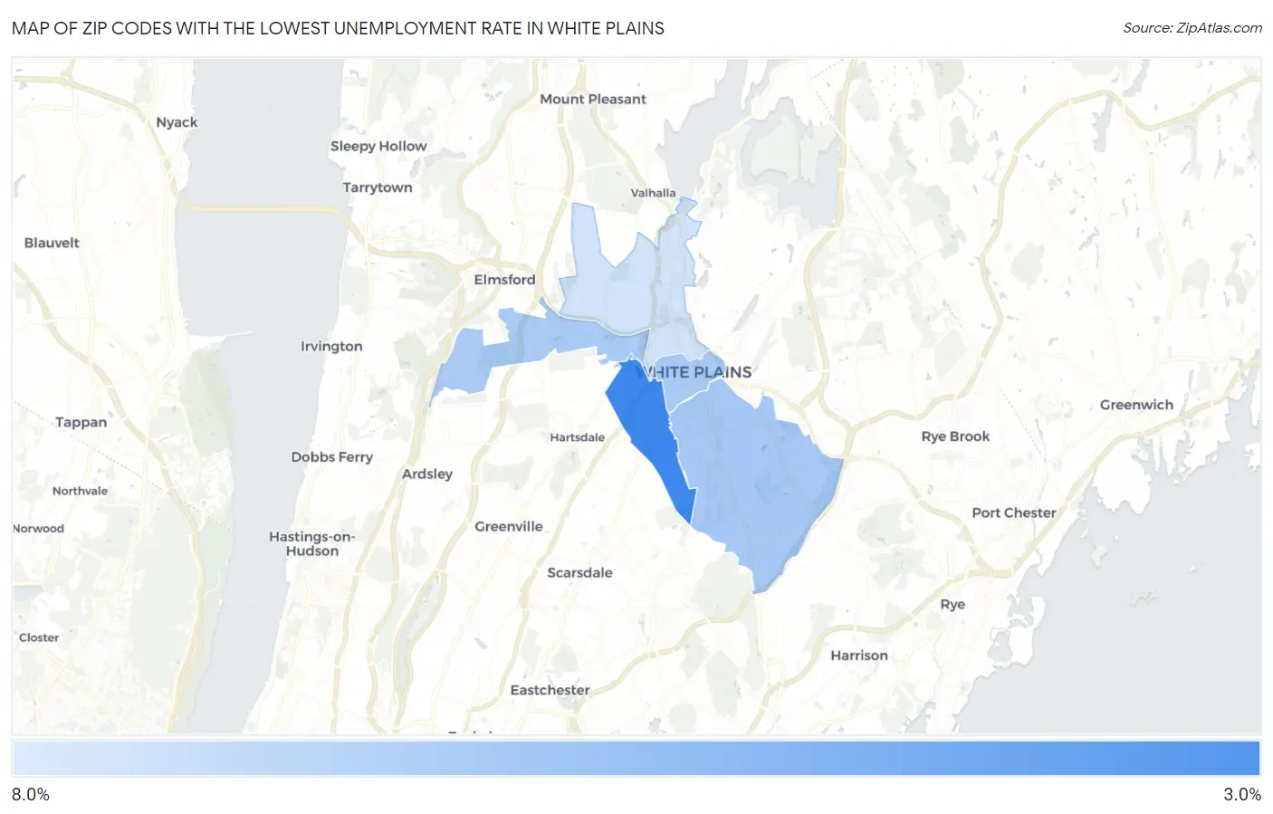 Zip Codes with the Lowest Unemployment Rate in White Plains Map