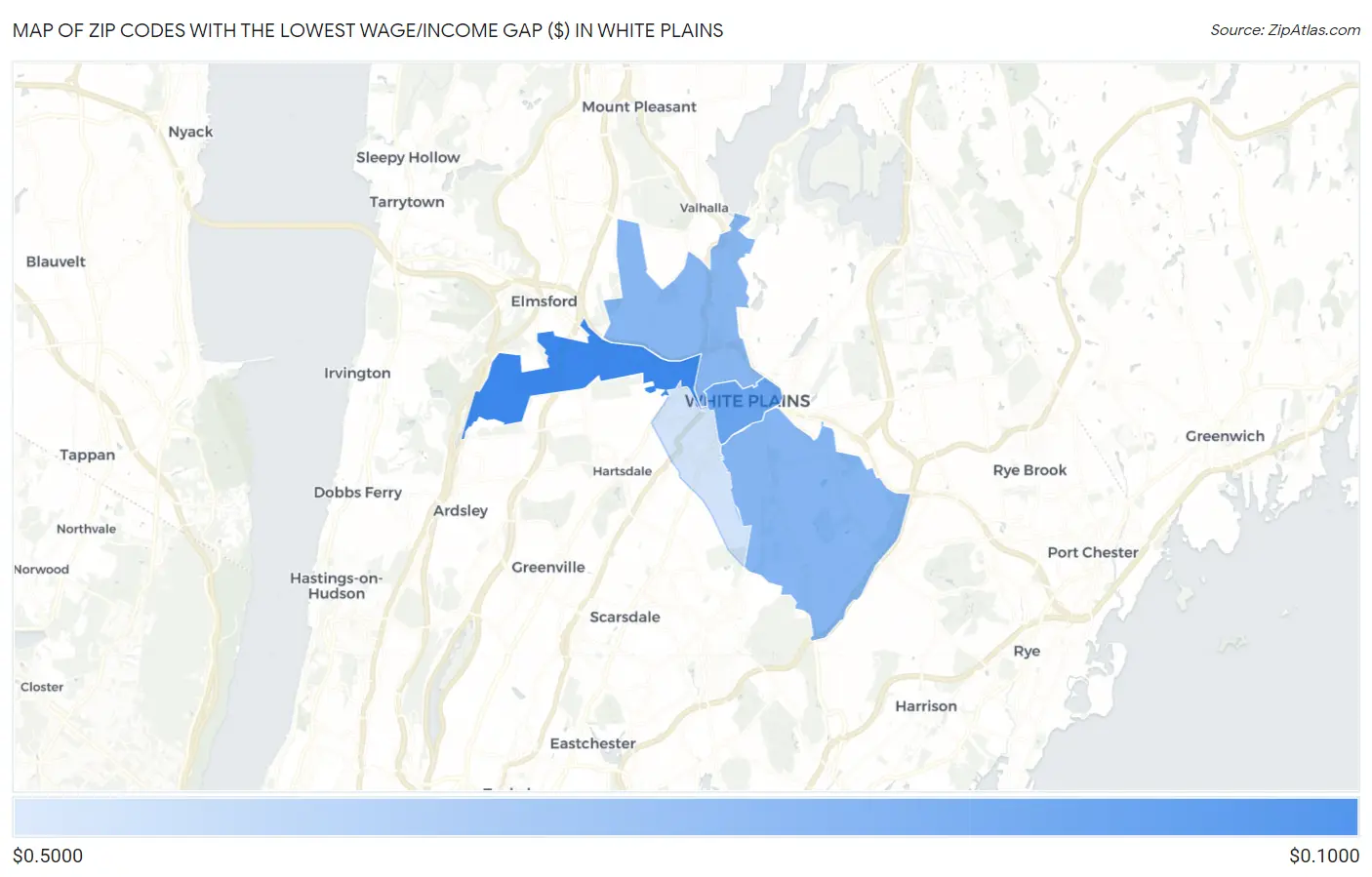 Zip Codes with the Lowest Wage/Income Gap ($) in White Plains Map