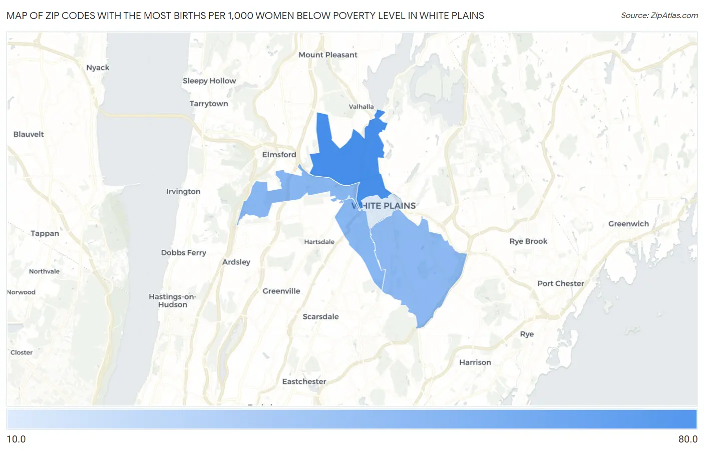 Zip Codes with the Most Births per 1,000 Women Below Poverty Level in White Plains Map