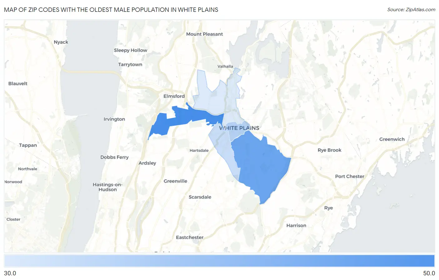 Zip Codes with the Oldest Male Population in White Plains Map
