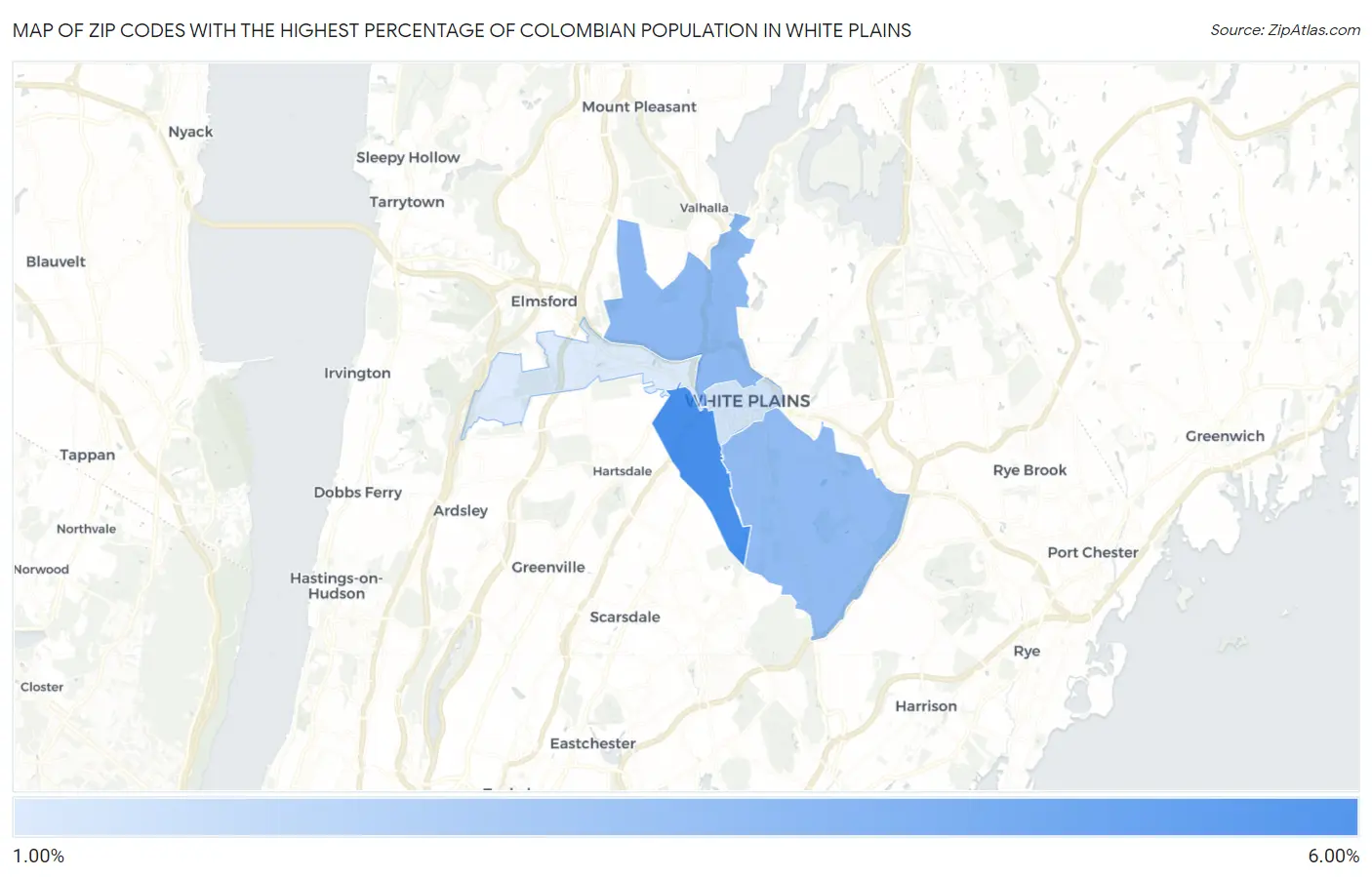 Zip Codes with the Highest Percentage of Colombian Population in White Plains Map