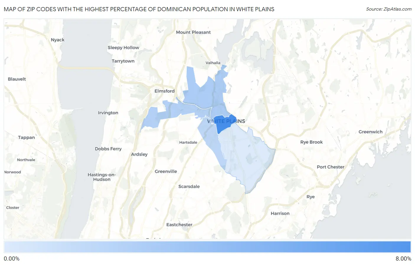 Zip Codes with the Highest Percentage of Dominican Population in White Plains Map