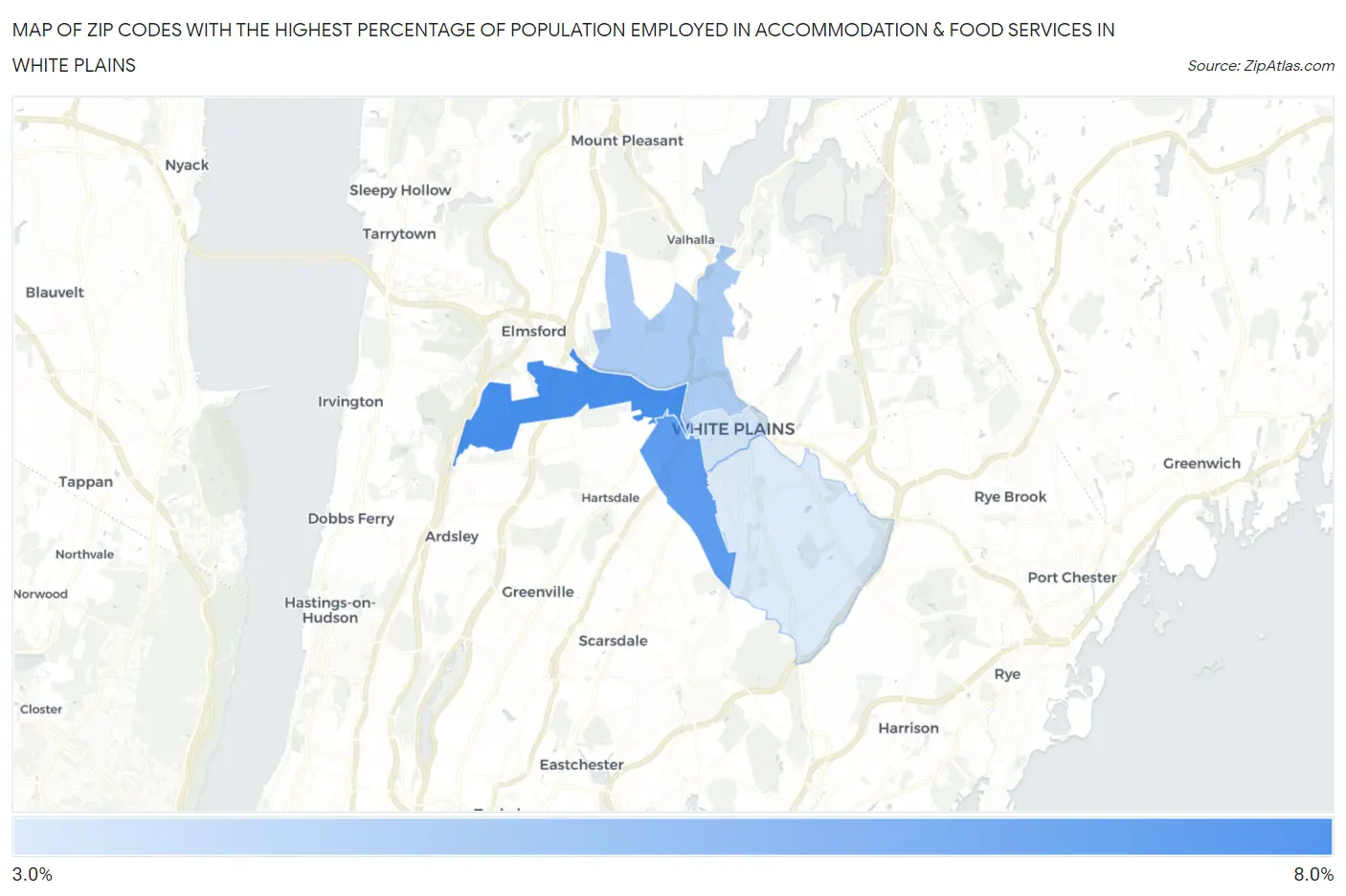 Zip Codes with the Highest Percentage of Population Employed in Accommodation & Food Services in White Plains Map