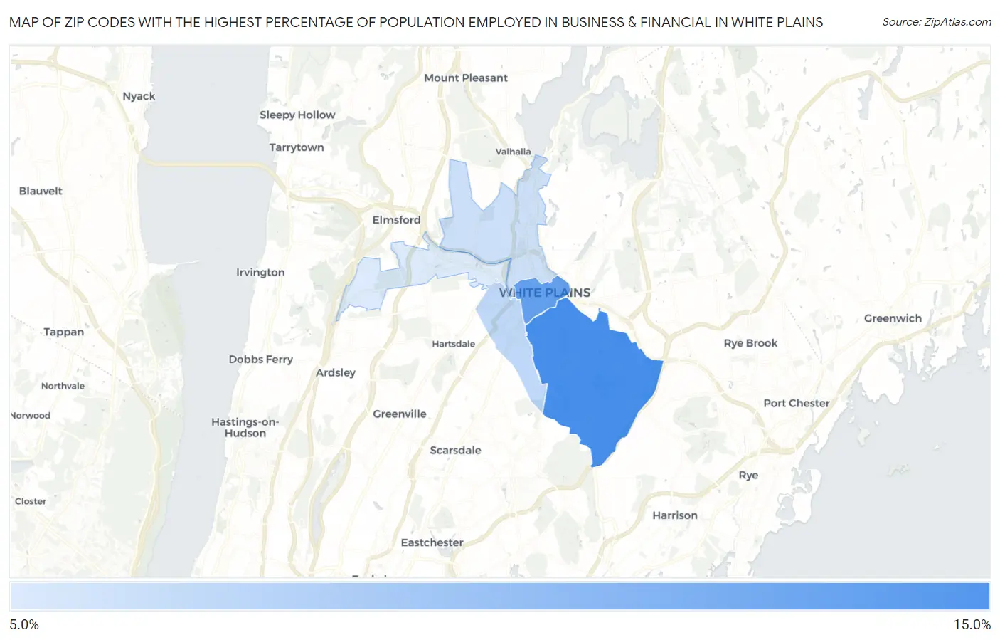 Zip Codes with the Highest Percentage of Population Employed in Business & Financial in White Plains Map