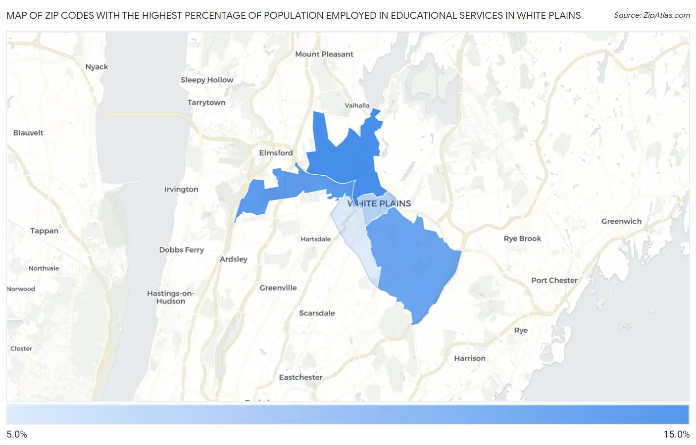 Zip Codes with the Highest Percentage of Population Employed in Educational Services in White Plains Map