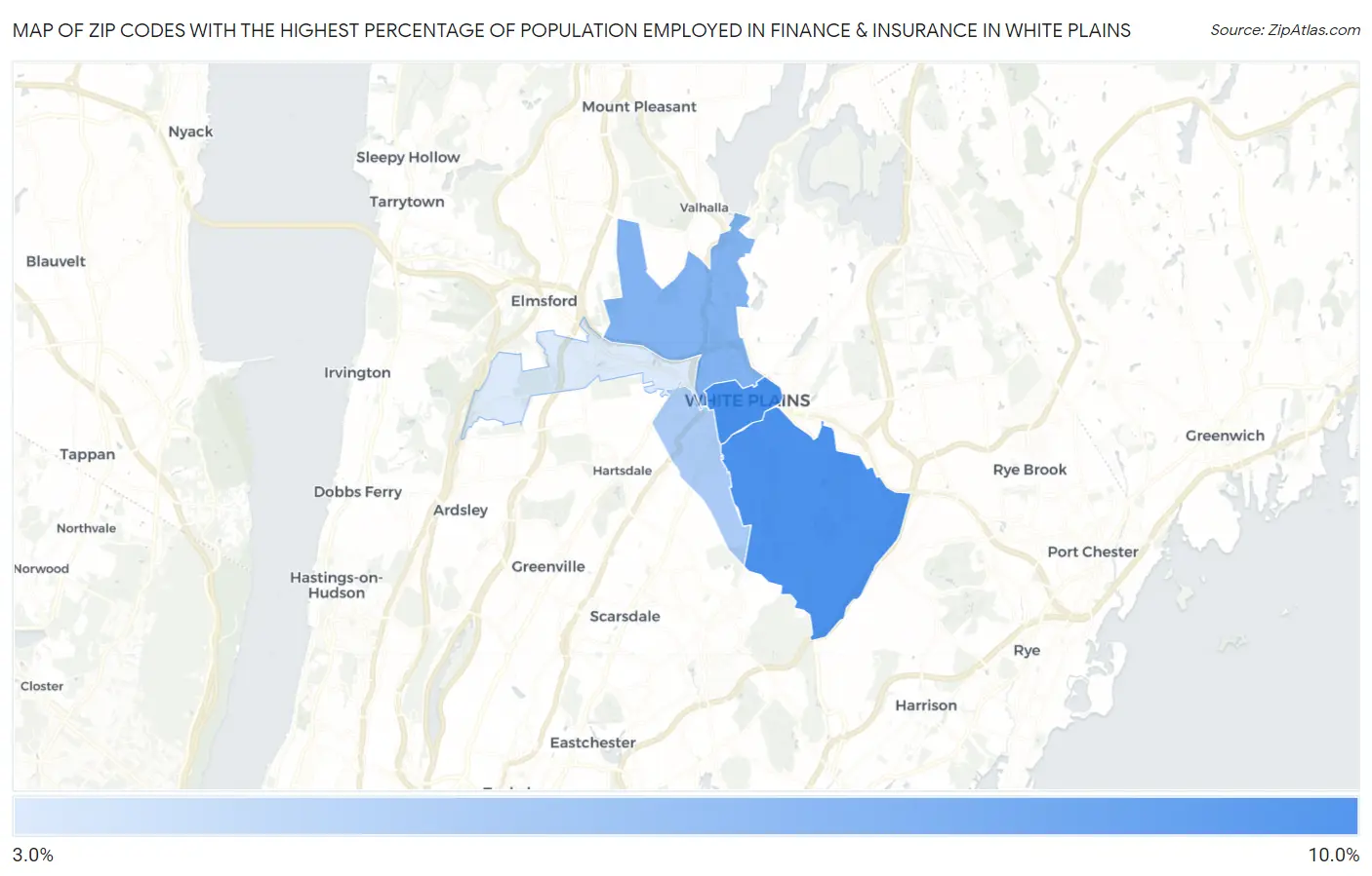 Zip Codes with the Highest Percentage of Population Employed in Finance & Insurance in White Plains Map