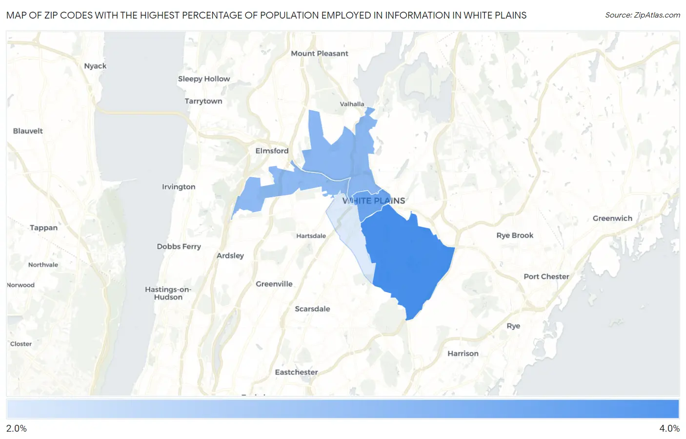 Zip Codes with the Highest Percentage of Population Employed in Information in White Plains Map