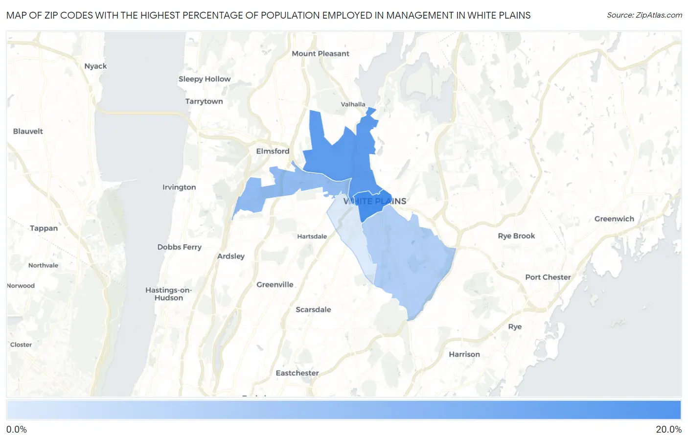 Zip Codes with the Highest Percentage of Population Employed in Management in White Plains Map