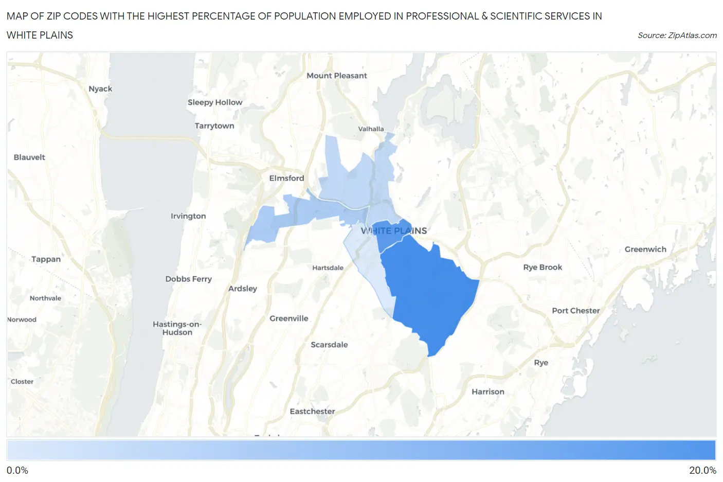 Zip Codes with the Highest Percentage of Population Employed in Professional & Scientific Services in White Plains Map