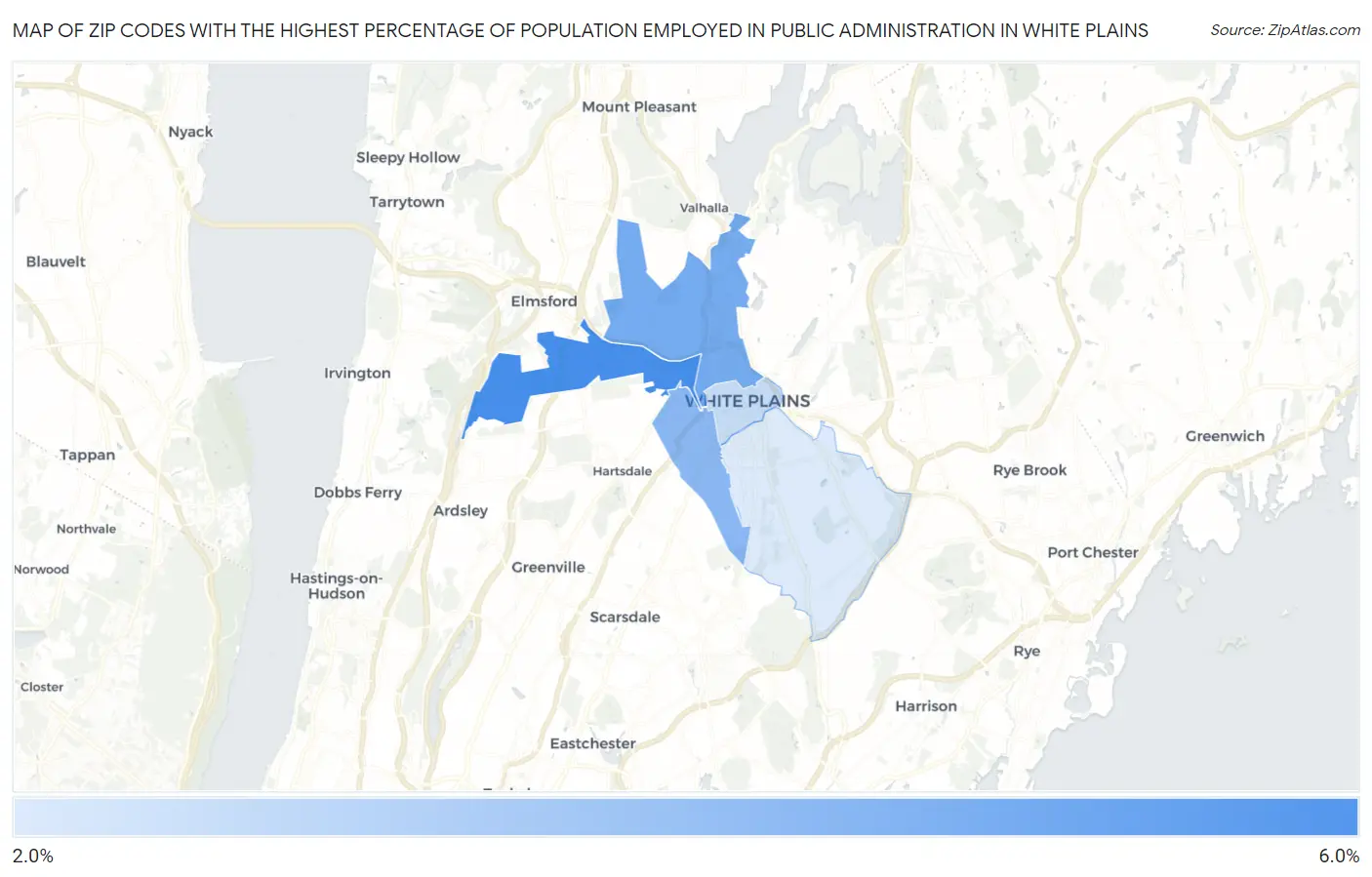 Zip Codes with the Highest Percentage of Population Employed in Public Administration in White Plains Map