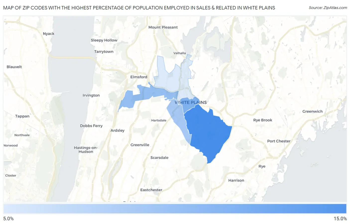 Zip Codes with the Highest Percentage of Population Employed in Sales & Related in White Plains Map