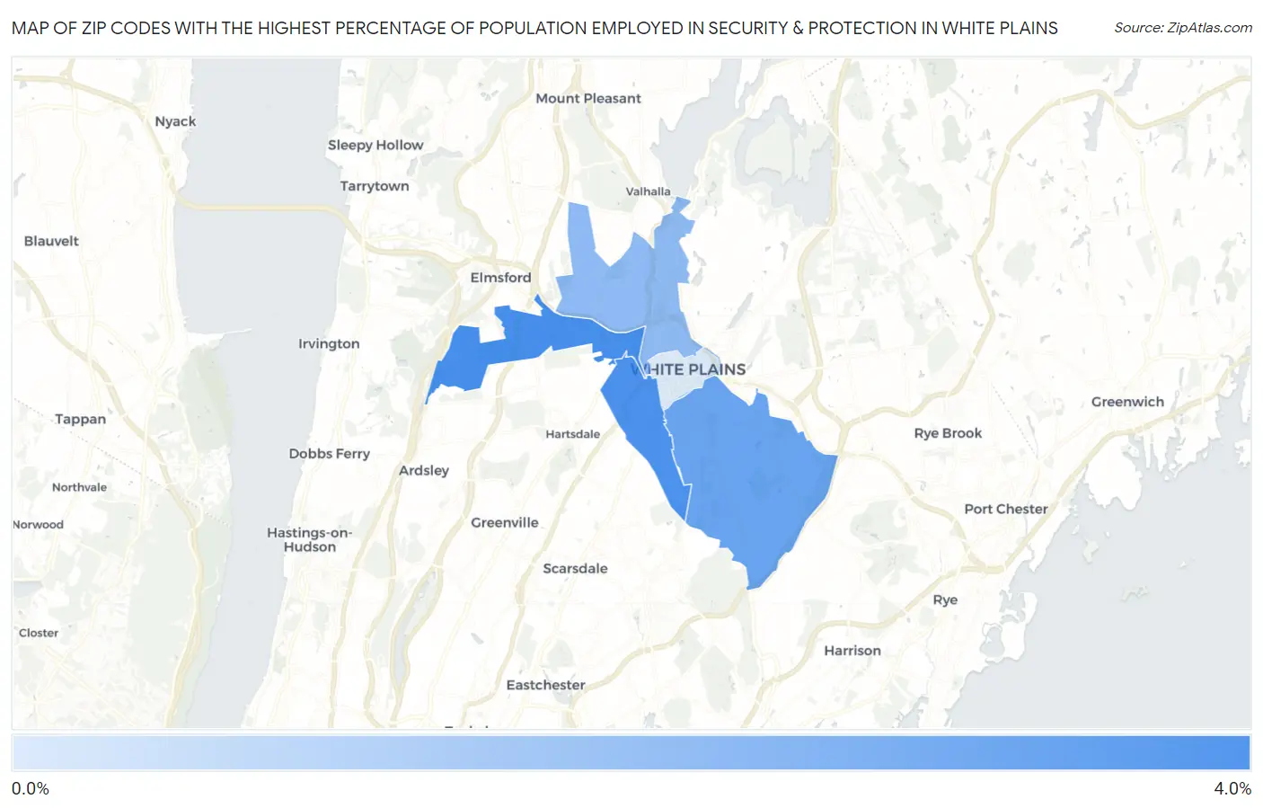 Zip Codes with the Highest Percentage of Population Employed in Security & Protection in White Plains Map