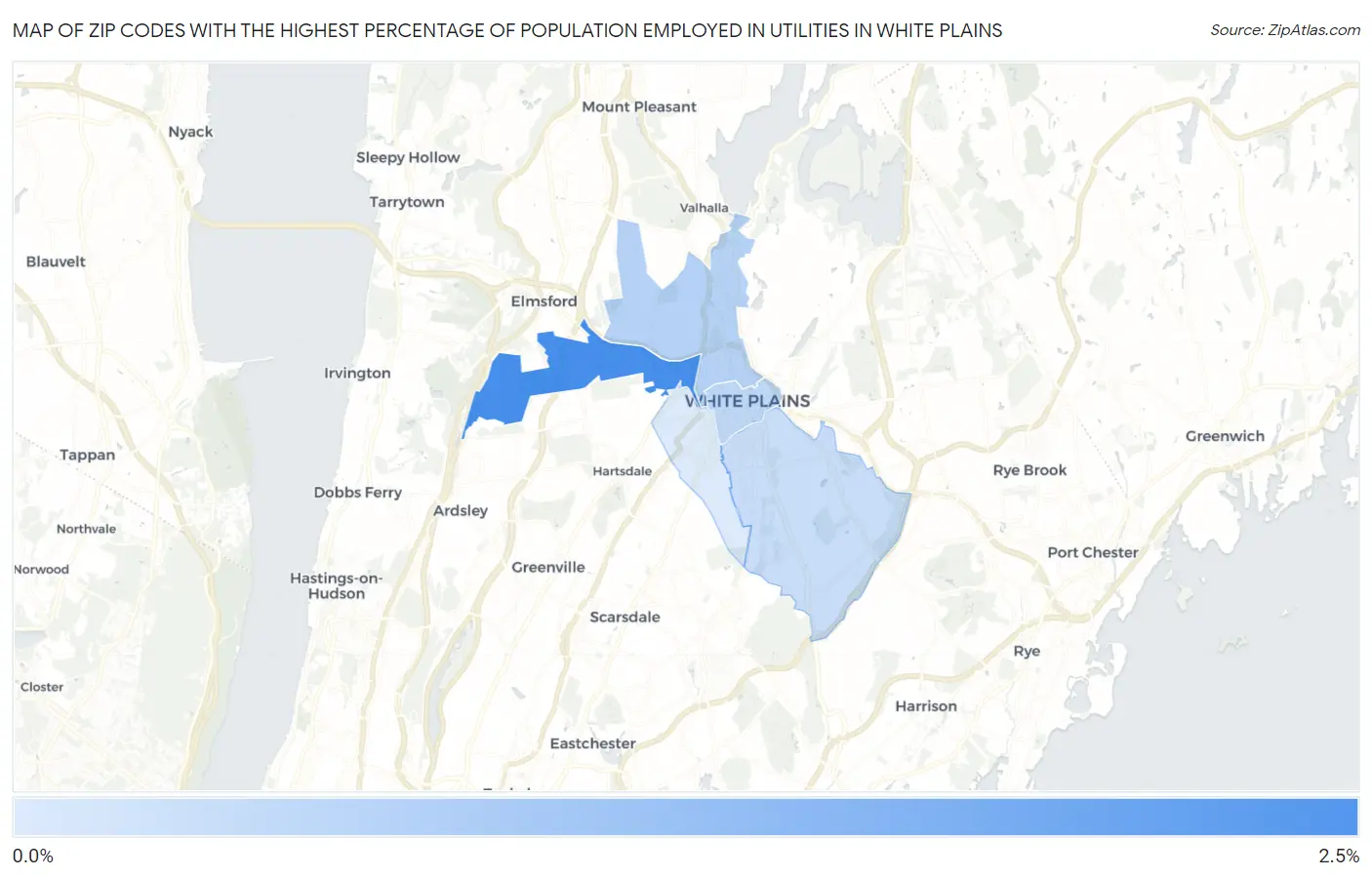 Zip Codes with the Highest Percentage of Population Employed in Utilities in White Plains Map