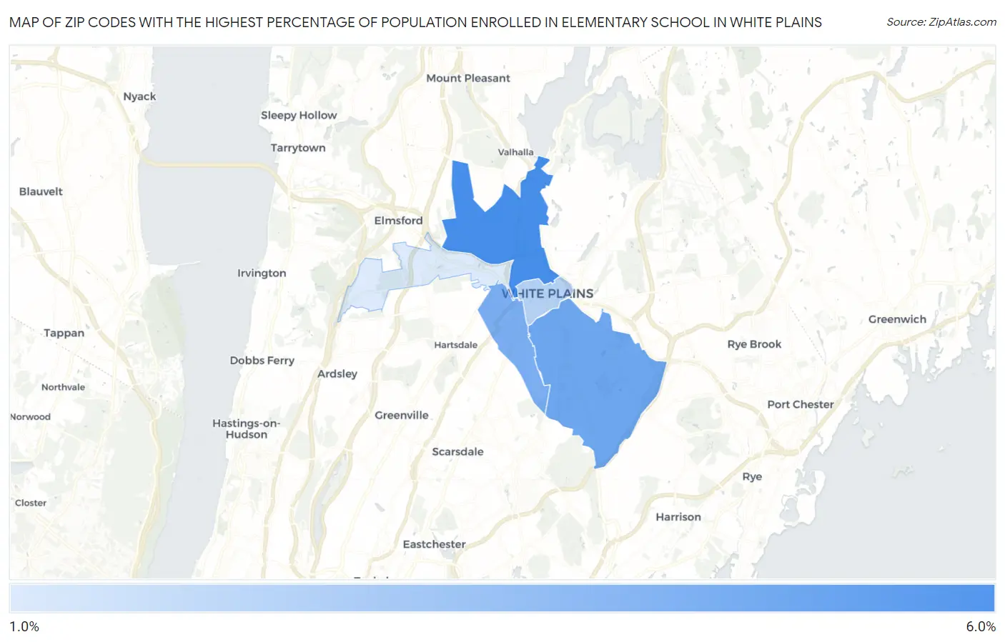 Zip Codes with the Highest Percentage of Population Enrolled in Elementary School in White Plains Map